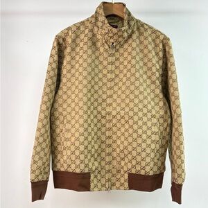 Gucci Beige Monogram Zip-Front Bomber Jacket